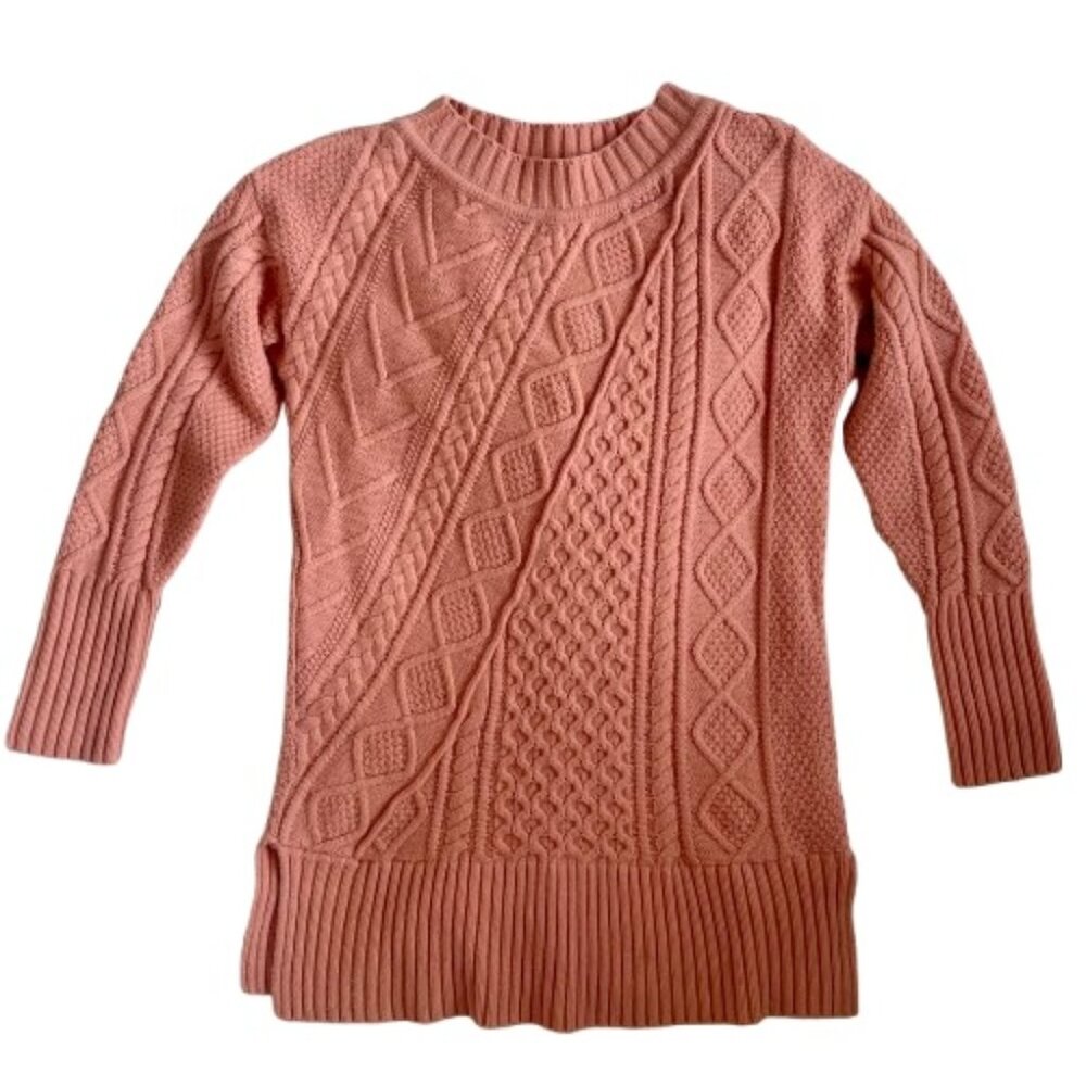 J. Crew Women's Cable Knit Tunic Sweater Pink Small Ribbed Trim Side Slit